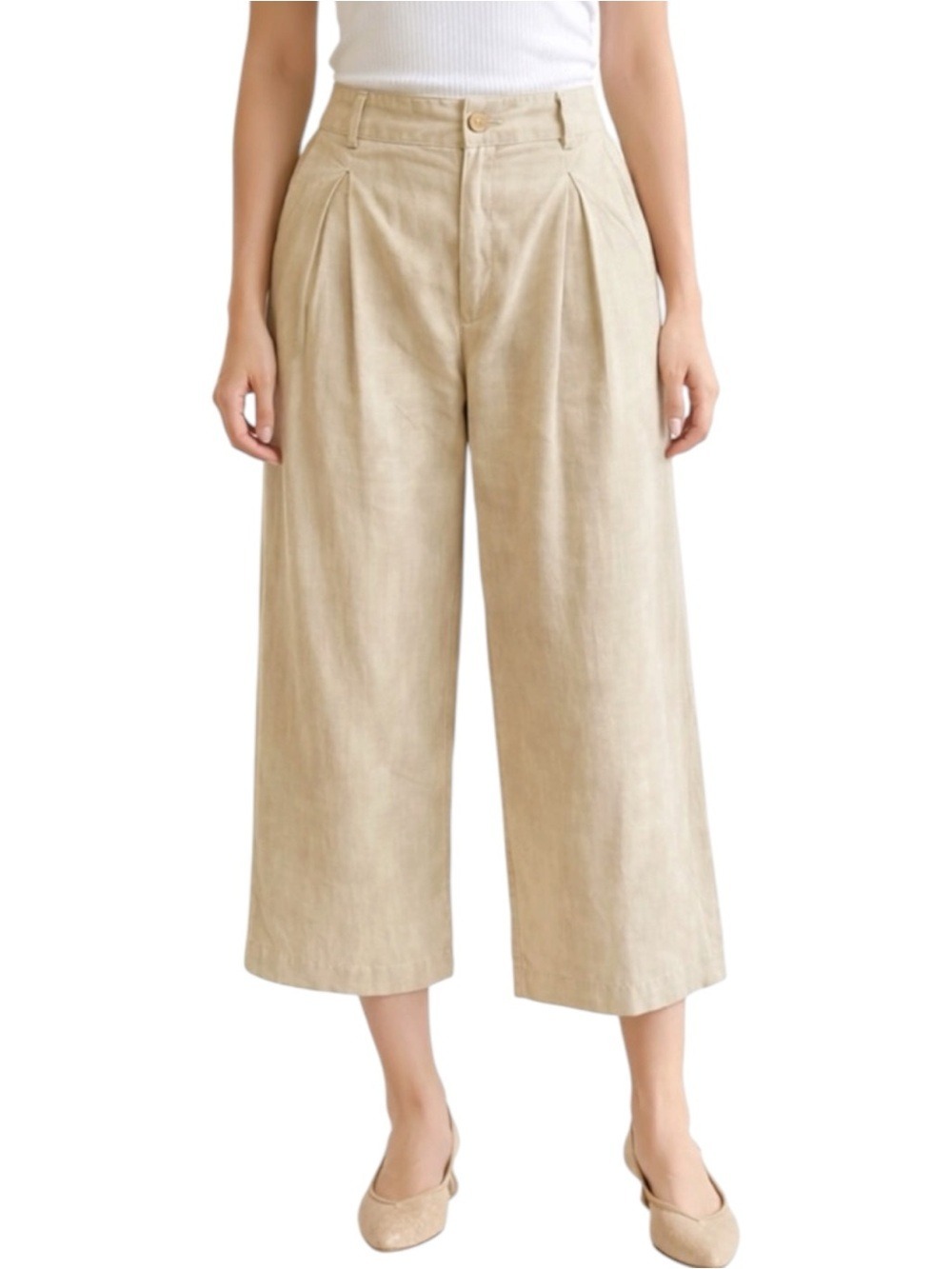 Part Two Beige Linen Cotton Blend Pleated Wide Leg Pants US 6